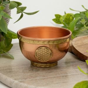 Puur koperen Tibetaanse wierookbrander/offerschaal Flower of Life ± 7,5 cm