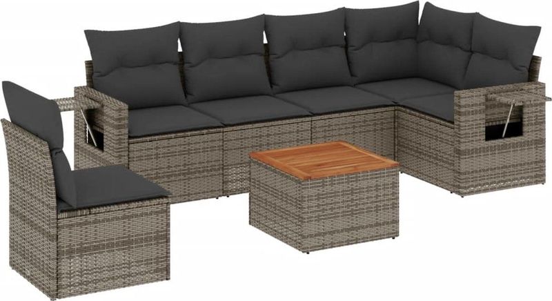 vidaXL - 7-delige - Loungeset - met - kussens - poly - rattan - grijs