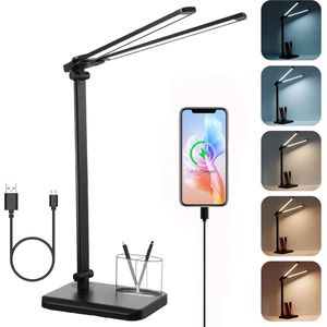 LED-bureaulamp voor thuiskantoor - bureaulamp met dubbele zwenkarm en USB-oplaadpoort, oogverzorgend opvouwbaar 5 kleurmodi 10 helderheidsniveaus dimbare bureaulamp voor studentenkamer