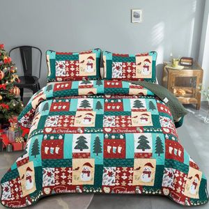 Kerstsprei, 240 x 260 cm, kerstbomen, bedsprei, patchwork, sneeuwpop, Kerstmis, overdeken voor slaapkamer, met 2 kussenslopen van 50 x 75 cm