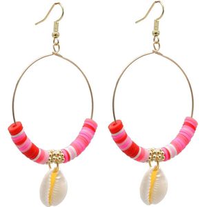 Oorbellen Rond - Schelp en Kralen - 8x4,5 cm - Roze en Rood