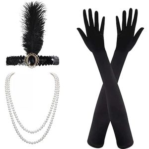 4 stuks 1920 accessoires set, flapper accessoires, grote Gatsby accessoires set, hoofdband lange zwarte handschoenen ketting, dames Charleston fancy jurk, vintage fancy dress voor dames