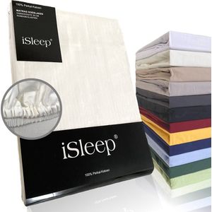 iSleep Perkal Hoeslaken - 100% Perkal Katoen - Hoge Hoek - Rondom Elastiek - Litsjumeaux XL - 200x200 cm - Licht Beige