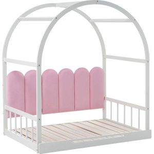 YMA® Uitschuifbaar Bed 140x100 / 140x200 - Fluwelen Kussens - Wit/ Roze - Tweepersoonsbed - Peuterbed - incl. Lattenbodem excl. Matras