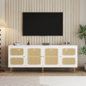 Elegant rotan TV-meubel - 180x40x72 cm - Met 4 rotan deuren - in hoogte verstelbare planken en kabelmanagement - Voor TV's tot 80 inch - TV-kasten lowboards - wit