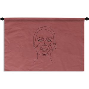 Wandkleed Line-art Vrouwengezicht - 20 - Line-art blij vrouwengezicht op een rode achtergrond Wandkleed katoen 120x80 cm - Wandtapijt met foto
