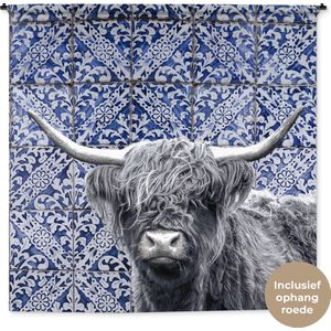 Wandkleed - Wanddoek - Schotse hooglander - Delfts blauw - Zwart - Wit - 180x180 cm - Wandtapijt
