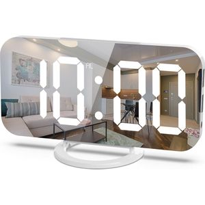 Digitale wekker - Moderne LED spiegel digitale wekker-groot schermwekker met 2 USB-3 helderheidsniveaus - Wit