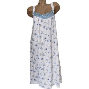Dames katoenen nachthemd mouwloos met bloemenprint L wit-blauw