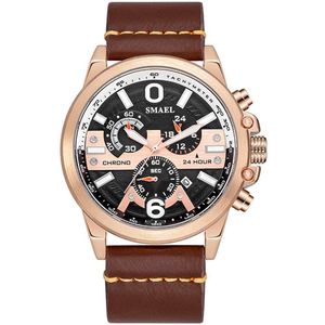 Chronograaf Heren Horloge (47mm diameter) Rosé stalen kast met Bruin Leder band | Rode details | Casual-style | SMAEL 9010A55 | Waterdicht |Analoog |Stopwatch | Mud | Shock bestendig| Leger | Leer | Lerenband | Timer | Master