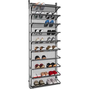 Schoenenrek over de deur met 10 niveaus, hangende schoenenkast, metalen schoenenorganizer voor eetkamer, grijs, 55 x 19,5 x 159 cm