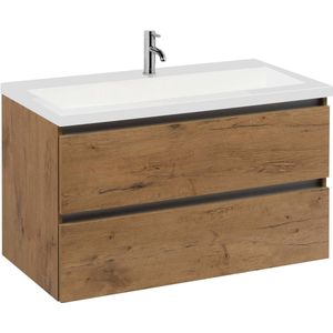 Saqu Gaia Slimline Badkamermeubel Set - 100x40 cm - Voorgemonteerd - Eiken - Wastafelmeubel - Badmeubel