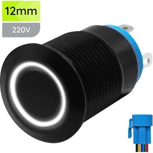 ProRide Metalen Pulsschakelaar 220V OFF-(ON) - 12mm - Momentschakelaar met Aansluitkabel - Spatwaterdicht - LED Indicatie Wit