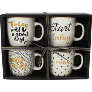 Geschenkdoos / 4 kopjes 220ml / Porselein / "" Today will be a good day! "" "" Start today "" "" Hello friday "" / Kleur: Wit en goud / Collectie ""Rêve étoilé"" - Set - Kerstcadeau -Huwelijkscadeau - Bruiloft Cadeau - Verjaardag Cadeau - Koffiemok RE-4TAS1