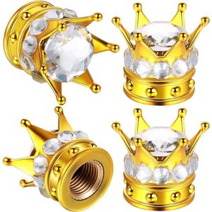 Universele Bling Valve Cap Kristal Strass Chrome Auto Kroon Ventiel Cover - 4 x Krans Ventieldoppen Goud Wit .