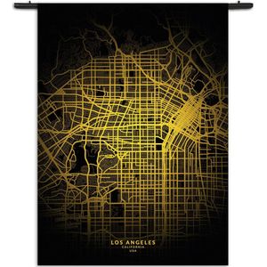 Velours Wandkleed Los Angeles Plattegrond Zwart Geel Rechthoek Verticaal XXXL (260 X 210 CM) - Wandkleden - Met roedes
