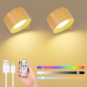 RGB binnenwandlamp, 2 stuks, led-wandlampen voor binnen, 360 graden draaibaar, wandlamp met USB-poort, touch-bediening, 16 helderheidsniveaus, 3 temperaturen (hout) [Energieklasse A+++]