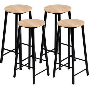 Urban Living Barkrukken set van 4x stuks - zwart/beige - metaal/hout - D30 x H70 cm