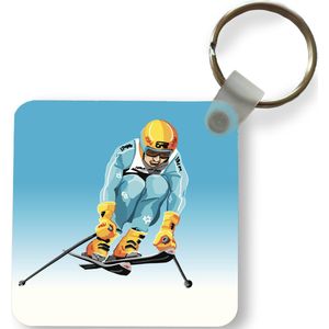 Sleutelhanger - Een skiër maakt een grote sprong in een illustratie - Plastic - Rond - Uitdeelcadeautjes