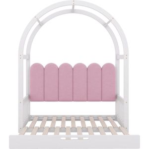 Gotagee Huisbed 140x100/200cm tweepersoonsbed (zonder matras) fluweel wit en roze gebogen dakbed schuifbed kinderbed dagbed massief houten bed