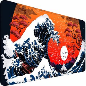 Premium gaming-muismat XXL, 800 x 300 mm, golven in Japanse stijl, waterdicht en antislip, genaaide randen voor duurzaamheid, perfect voor pc, MacBook en laptop, grote muismat