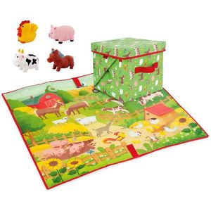 Speelkleed en Opbergbox in 1 - DeQUBE - Boerderij Speelmat en Opbergkist met Deksel - Inclusief 4 Speelfiguren - 85 x 85 cm