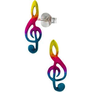Oorbellen meisje | Zilveren kinderoorbellen | Zilveren oorstekers, muzieknoot in regenboogkleuren