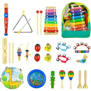 Houten percussie-instrumenten set voor 27 stuks peuter baby - muziekinstrumenten 0-6 maanden 1-jarigen - bevordert vroege ontwikkeling - inclusief rugzak