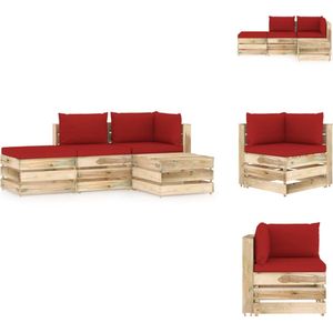 vidaXL Pallet Loungeset - Grenenhout - Hoekbank 69x70x66cm - Middenbank 60x70x66cm - Tafel/Voetenbank 60x62x37cm - Rode Kussens 6cm dik - Montage vereist - Tuinset