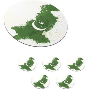 Onderzetters voor glazen - Rond - Illustratie van een kaart van Pakistan met kleuren van de vlag - 10x10 cm - Glasonderzetters - 6 stuks