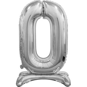 Folie ballon cijfer 0 zilver - met standaard - 76 cm