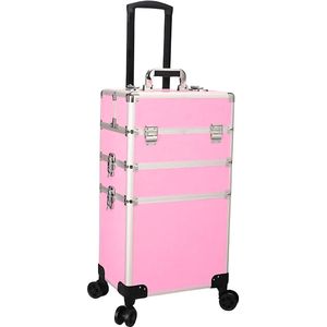 BeautyKoffer Roze met diamantjes | 3 Delig 8 Wielen | Nagel Koffer | BeautyCase voor Kappers | KappersKoffer