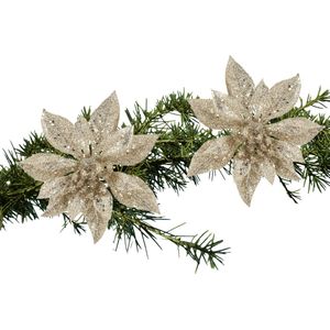 Kerstboom bloemen op clip - 2x stuks - champagne - kunststof - 15 cm
