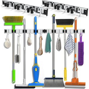 Bezemhouder Wandmontage Roestvrij Staal - 2 Pack Borstelhouder Zelfklevend Opslag Tool Rekken 38cm voor Thuis Keuken Tuin Wasserij Garage