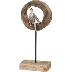 J-Line decoratie figuur denker ring - hout/aluminium - naturel/zilver