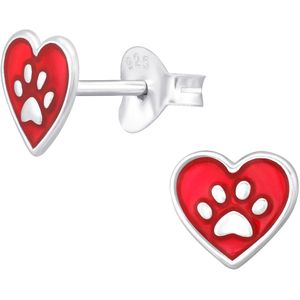 Joy|S - Zilveren hartje oorbellen - rood zilver met kat / hond dierenpoot - 7 mm - poot afdruk - kinderoorbellen