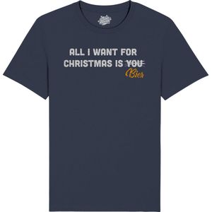 All i want for Christmas is beer - Foute Kersttrui Kerstcadeau - Dames / Heren / Unisex Kleding - Grappige Kerst Outfit - Glitter Look - T-Shirt - Unisex - Navy Blauw - Maat L