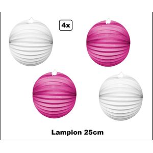 4x Lampion Pink en wit 25cm - festival thema feest verjaardag party papier BBQ strand licht fun