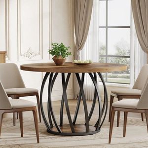 Asaam ronde eettafel118 cm- Houten keukentafel- Stevig metalen onderstel ronde tafel voor 4-6 personen, Rustiek bruin