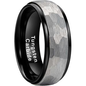 Wolfraam Ring Heren Zwart met Gehamerd Staal - Tungsten Ring - Zeer Zwaar - Ringen Mannen - Cadeau voor Man - Mannen Cadeautjes