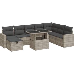 vidaXL - 9-delige - Loungeset - met - kussens - poly - rattan - lichtgrijs