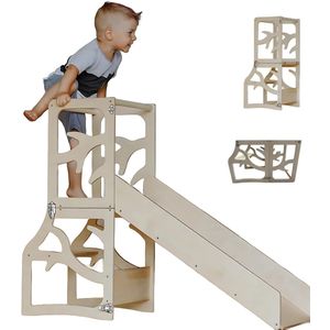 Zonovi Leertoren- Montessori Keukentrap - Learning Tower - Speeltafel - Kindertafel - Kindertrap - Leertoren - Keukentoren - Keukenhulp - Leerstoel - Met Glijbaan - Voor Peuters - Opvouwbaar - Inklapbaar - Hout - Inclusief Antislip Strips