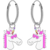 Oorbellen meisjes zilver | Eenhoorn oorbellen | Zilveren oorbellen met hanger, eenhoornhoofd met roze zonnebril