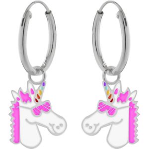 Oorbellen meisjes zilver | Eenhoorn oorbellen | Zilveren oorbellen met hanger, eenhoornhoofd met roze zonnebril