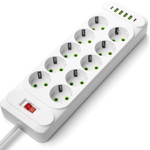 Stekkerdoos met schakelaar en 10x stopcontact 4x USB-A en 2x USB C - Verlengsnoer 2 meter - Wit - niet geaard