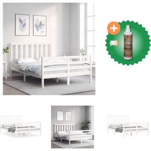 vidaXL Bedframe met hoofdbord massief hout wit 140x200 cm - Bed - Inclusief Houtreiniger en verfrisser