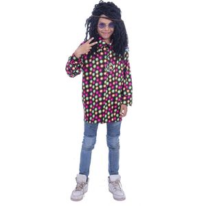 Funny Fashion - Hippie Kostuum - Fluor Flower Power Goes Disco Shirt Kind - Geel, Roze - Maat 164 - Carnavalskleding - Verkleedkleding