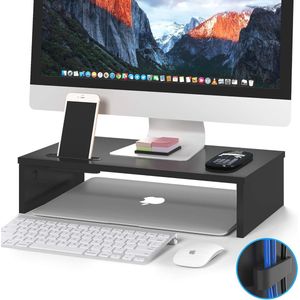 Ergonomische Monitorstandaard met Smartphonehouder en Kabelbeheer - Houten Bureau Verhoger voor Computer en Laptop (Zwart)