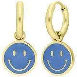 Lucardi Kinder Stalen goldplated oorbellen met smiley lichtblauw - Oorbellen - Staal - Goudkleurig