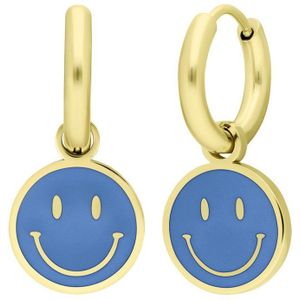 Lucardi Kinder Stalen goldplated oorbellen met smiley lichtblauw - Oorbellen - Staal - Goudkleurig